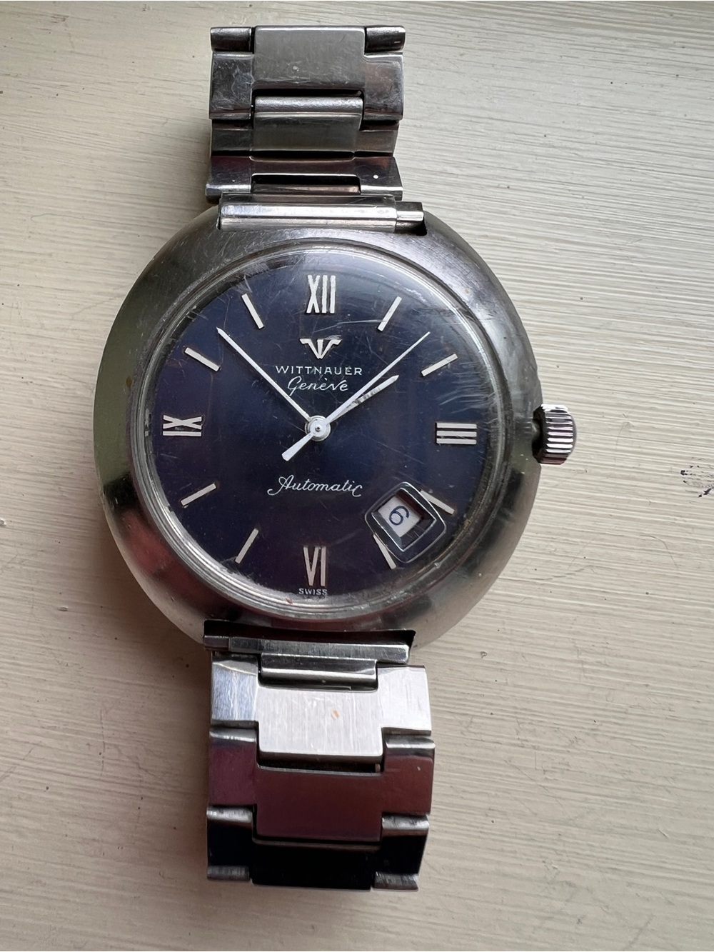 VTG 70sMCM Wittnauer Geneva Automatic Date Stainless Steel Blue Dial Silver band